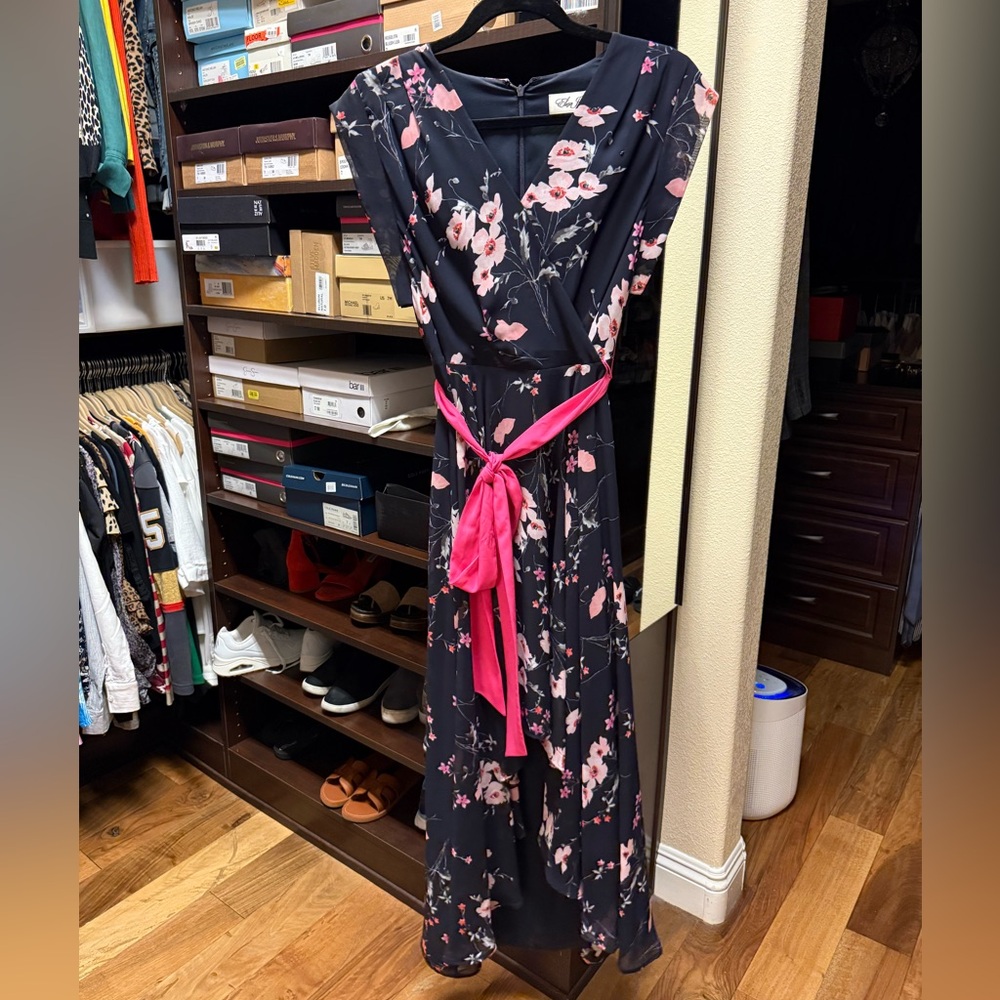 Eliza J Navy Floral Dress with Pink Accents